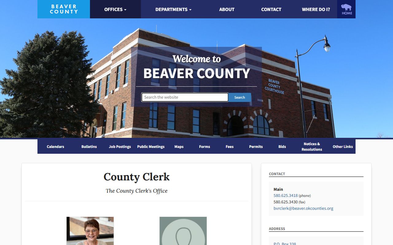Beaver County County Clerk page with the land record portal and office contact details