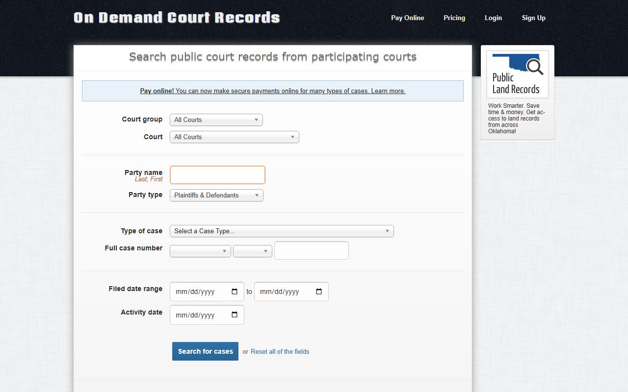 Beaver County court records search form on the ODCR public portal