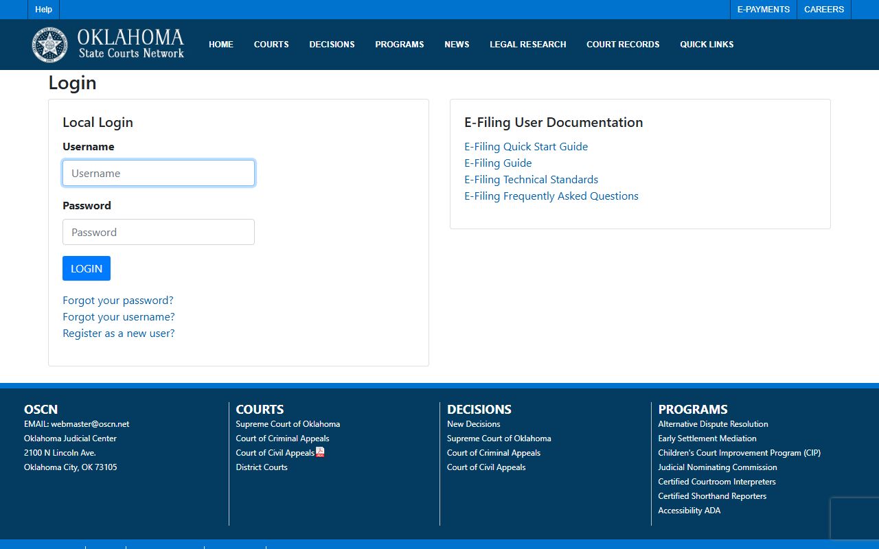 Oklahoma e-Filing portal tied to Beaver County court records