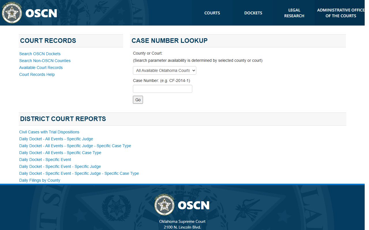 OSCN docket search used for Beaver County court records
