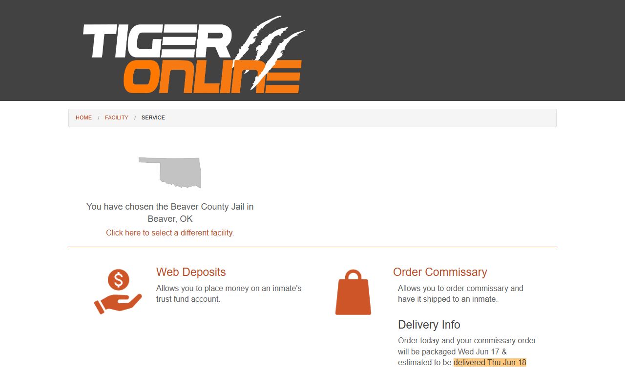 Beaver County inmate records Tiger Commissary deposit page